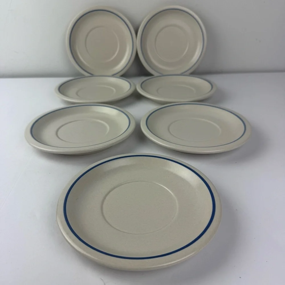 Pfaltzgraff Yorktowne Stoneware Saucers Lot of 7 White and Blue